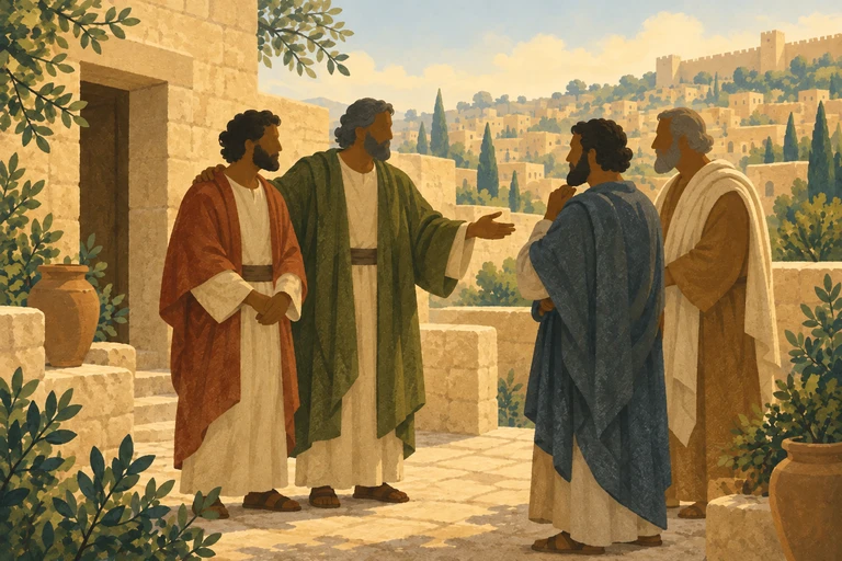 Barnabas stands beside Saul and introduces him to the apostles in Jerusalem
