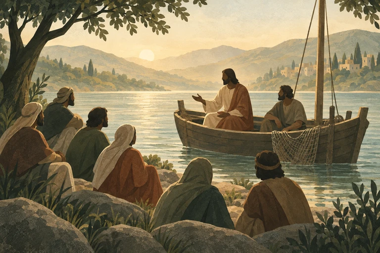 Jesus sits in Simon’s boat, teaching people gathered along the shore.