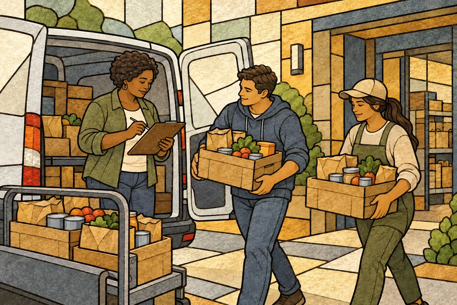A volunteer coordinates helpers loading supplies into a parish delivery van.