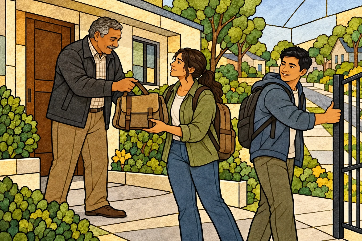 A mentor equips two outreach volunteers to serve neighbors outside a modest community center.