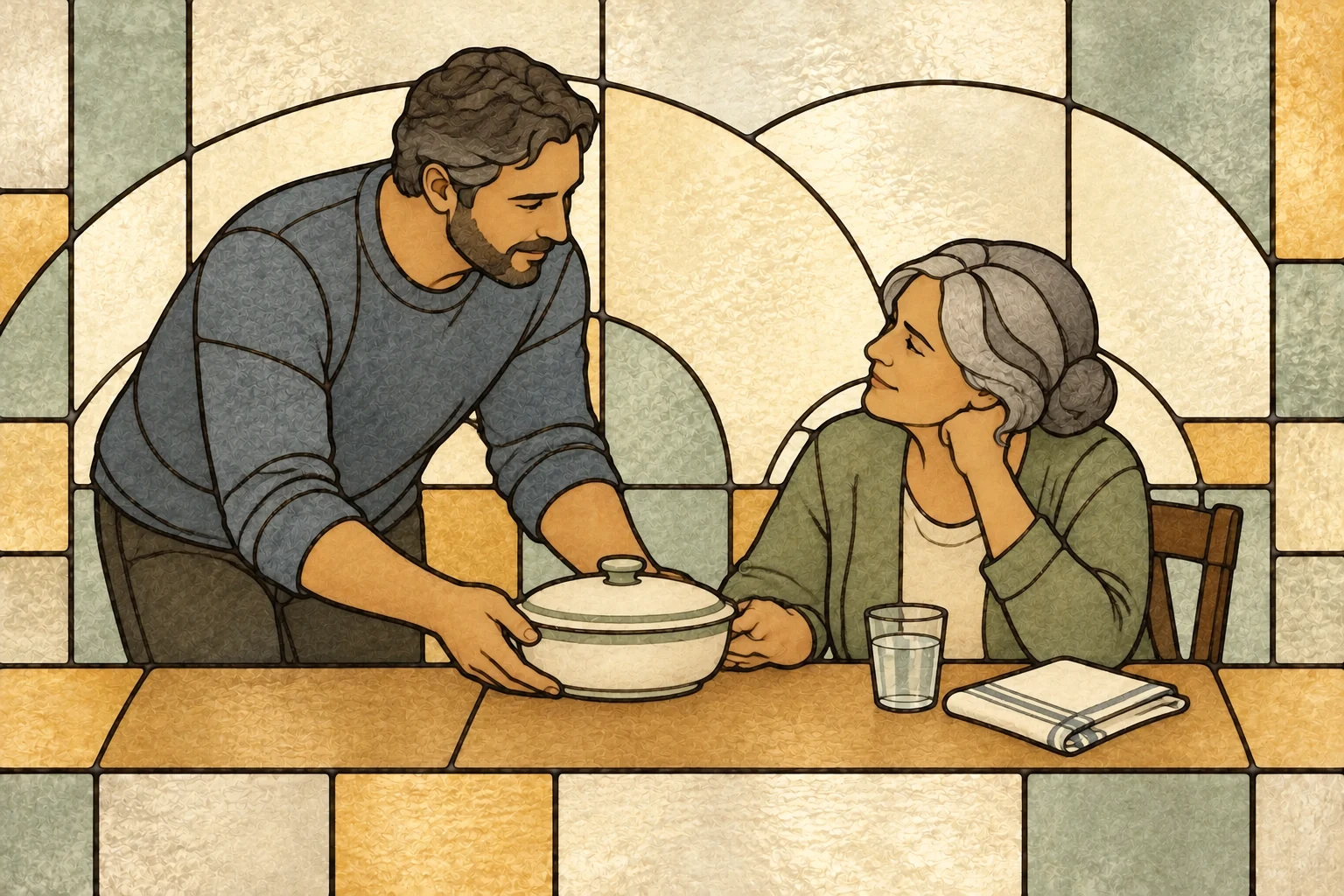 A man brings a meal to an older woman and listens to what she needs.