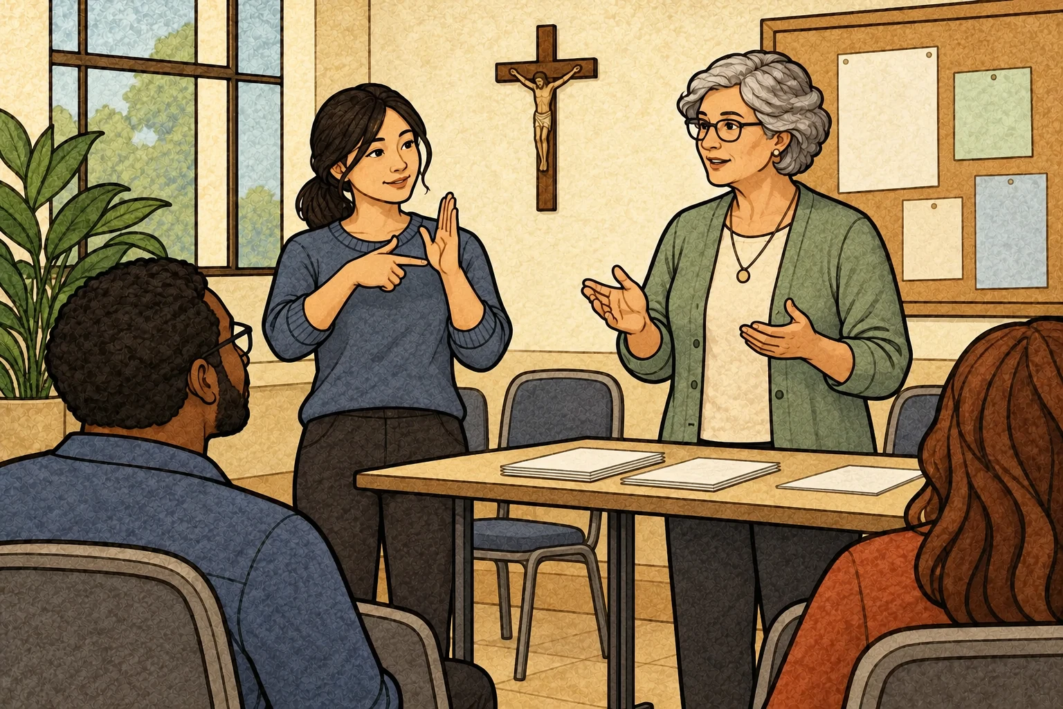 A lay presenter and sign-language interpreter share information in a Catholic parish meeting room.