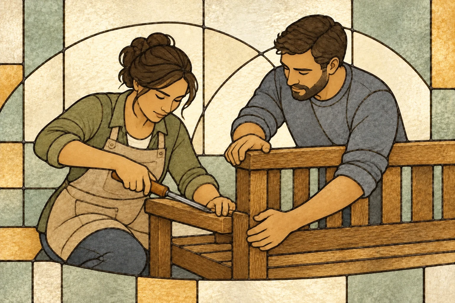 Two volunteers use woodworking skills to repair a shared bench.
