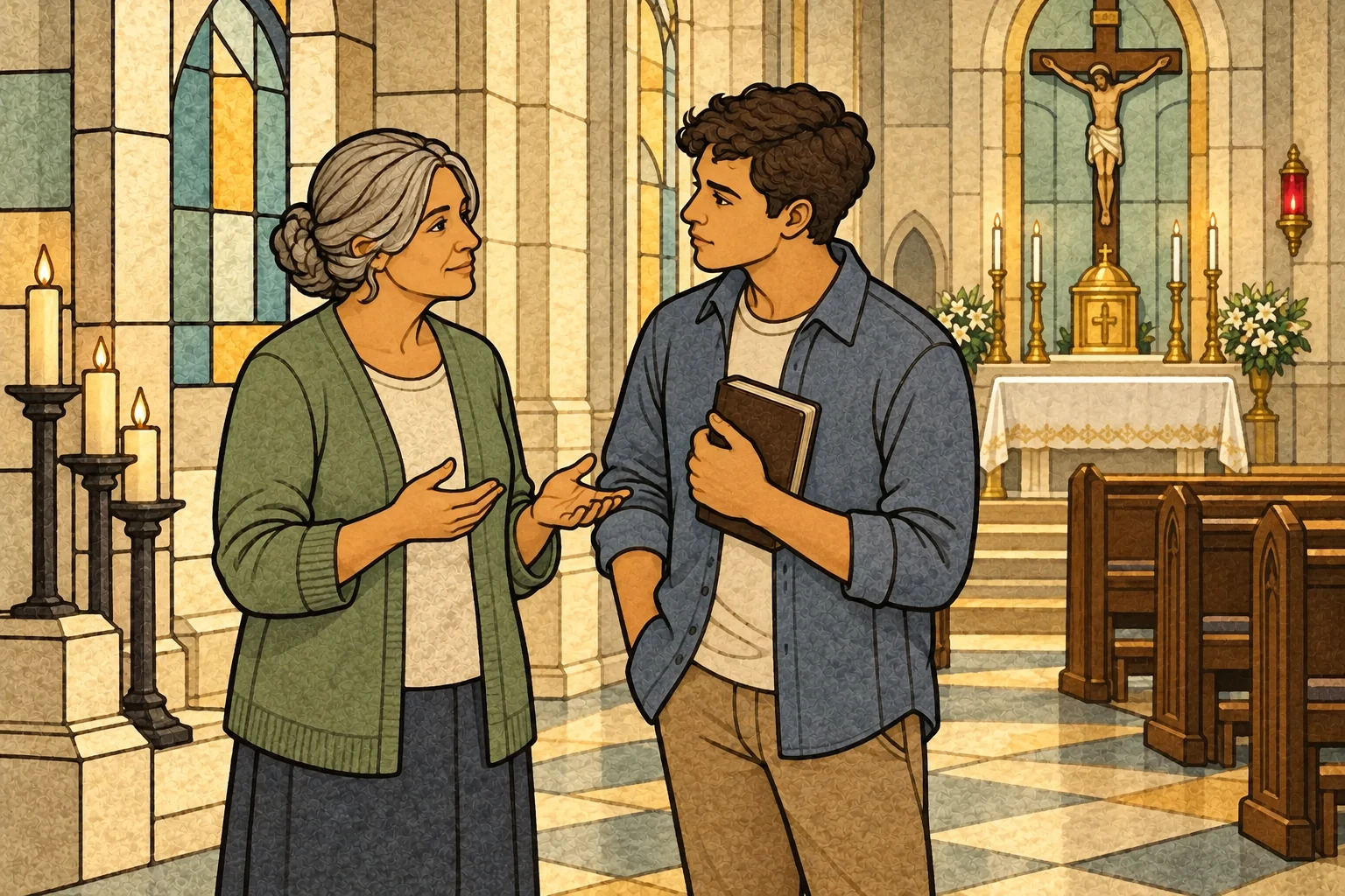 A spiritual guide listens to a younger adult in a quiet church aisle after prayer.