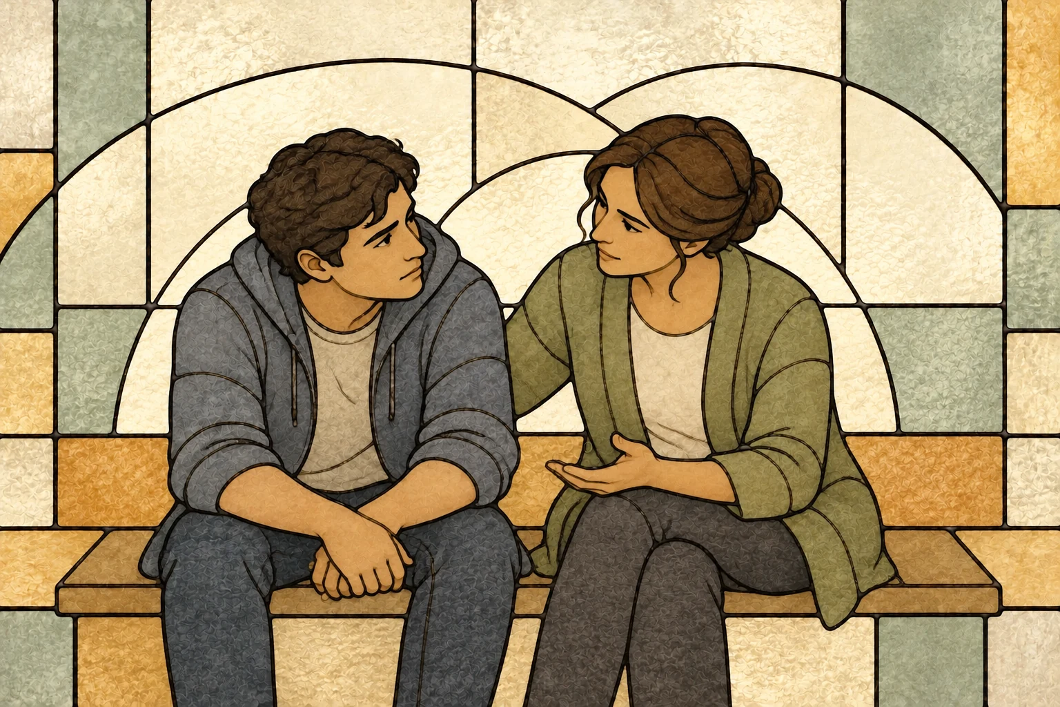 A woman offers attentive companionship to a discouraged young adult.