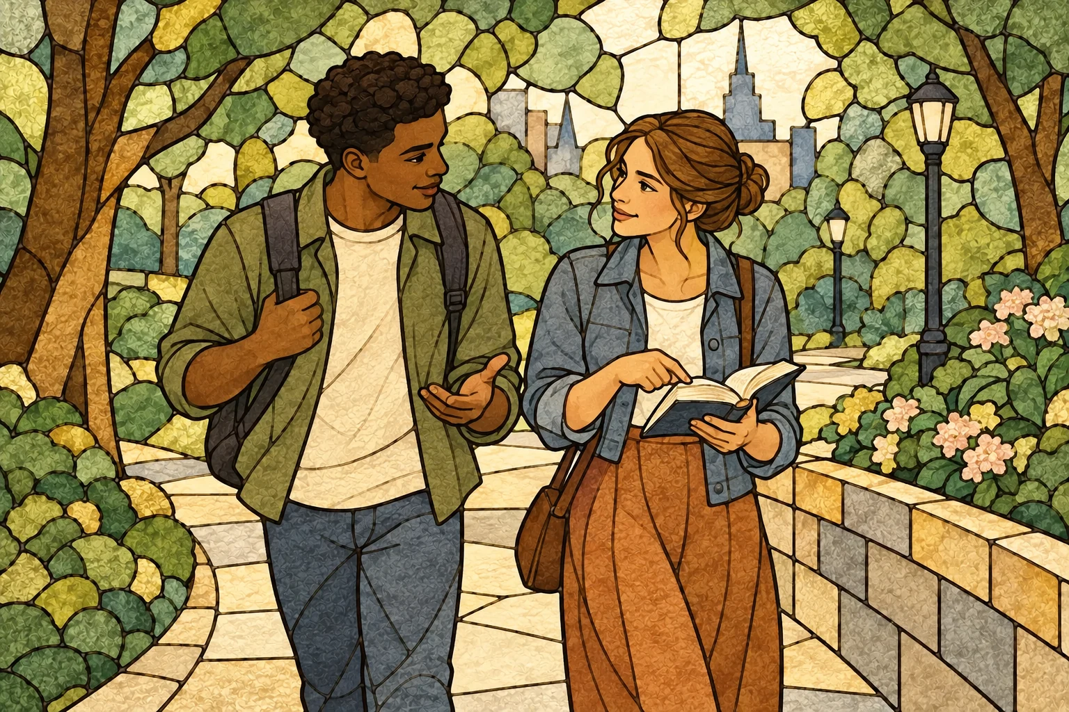 Two adults pause during a park walk to share a Gospel passage and talk about faith.