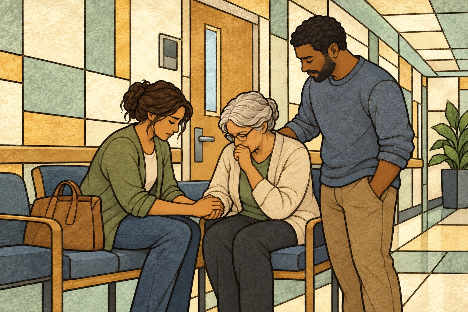 Friends support an anxious woman with prayer and companionship in a hospital corridor.