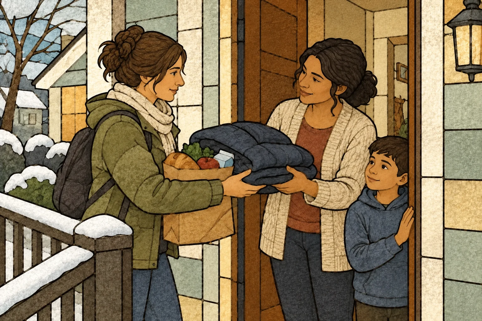 A volunteer shares a winter coat and groceries with a family at their doorway.