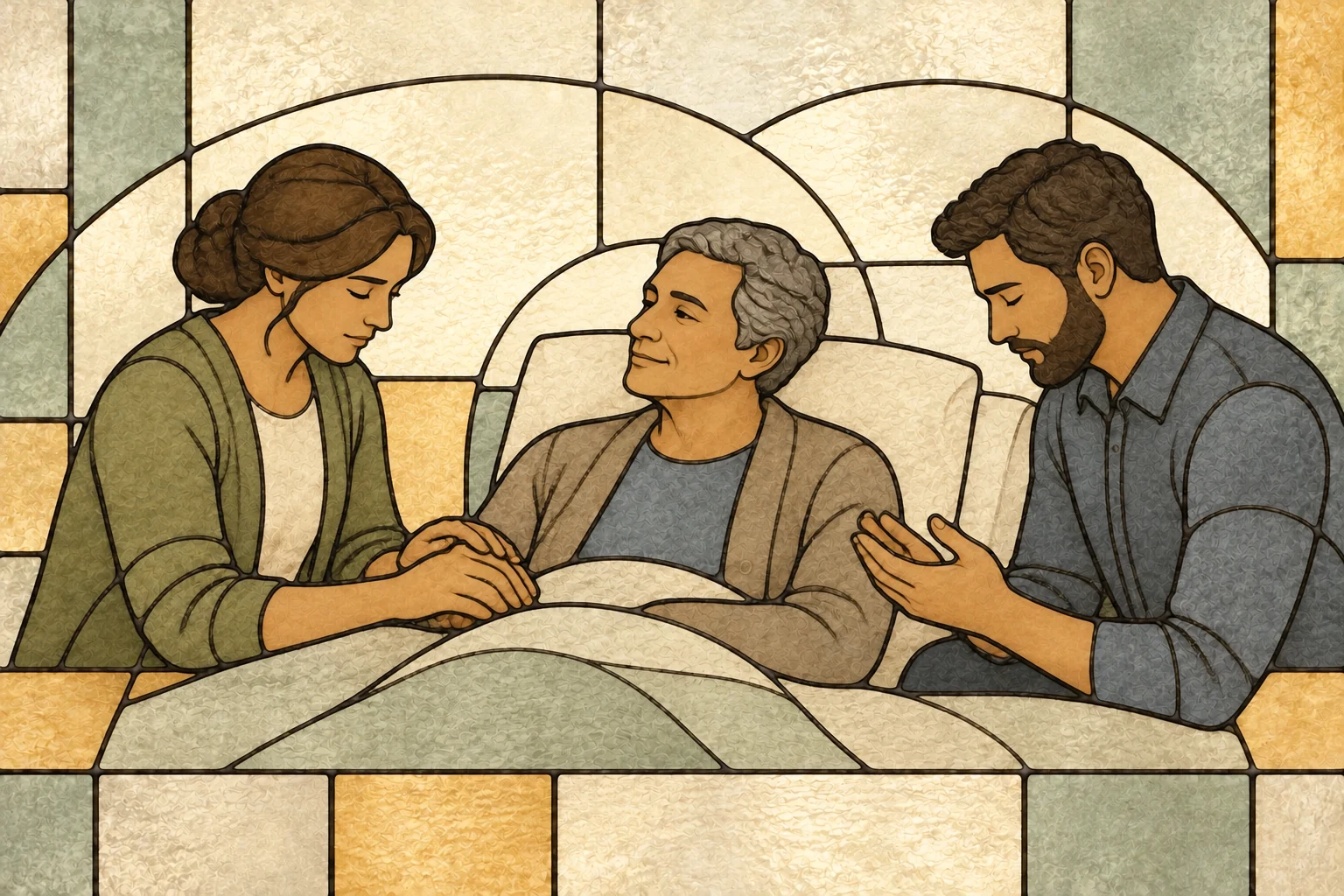 Two parishioners pray alongside a sick adult with gentle, welcomed presence.