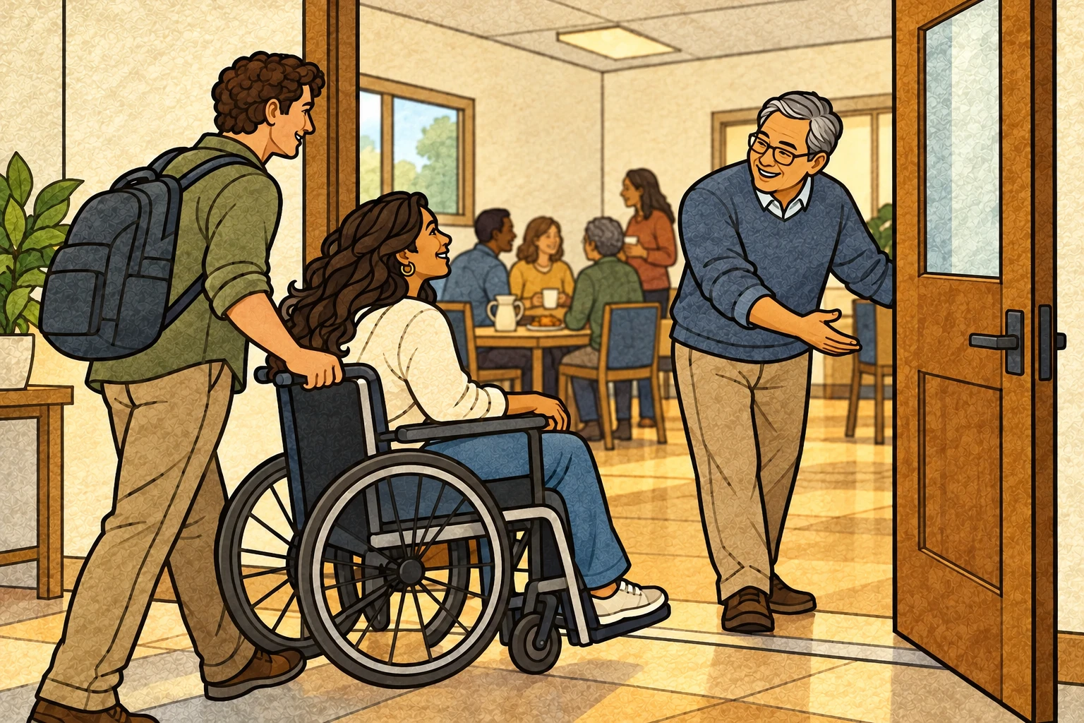 A host welcomes a woman who uses a wheelchair and her companion into a neighborhood gathering.