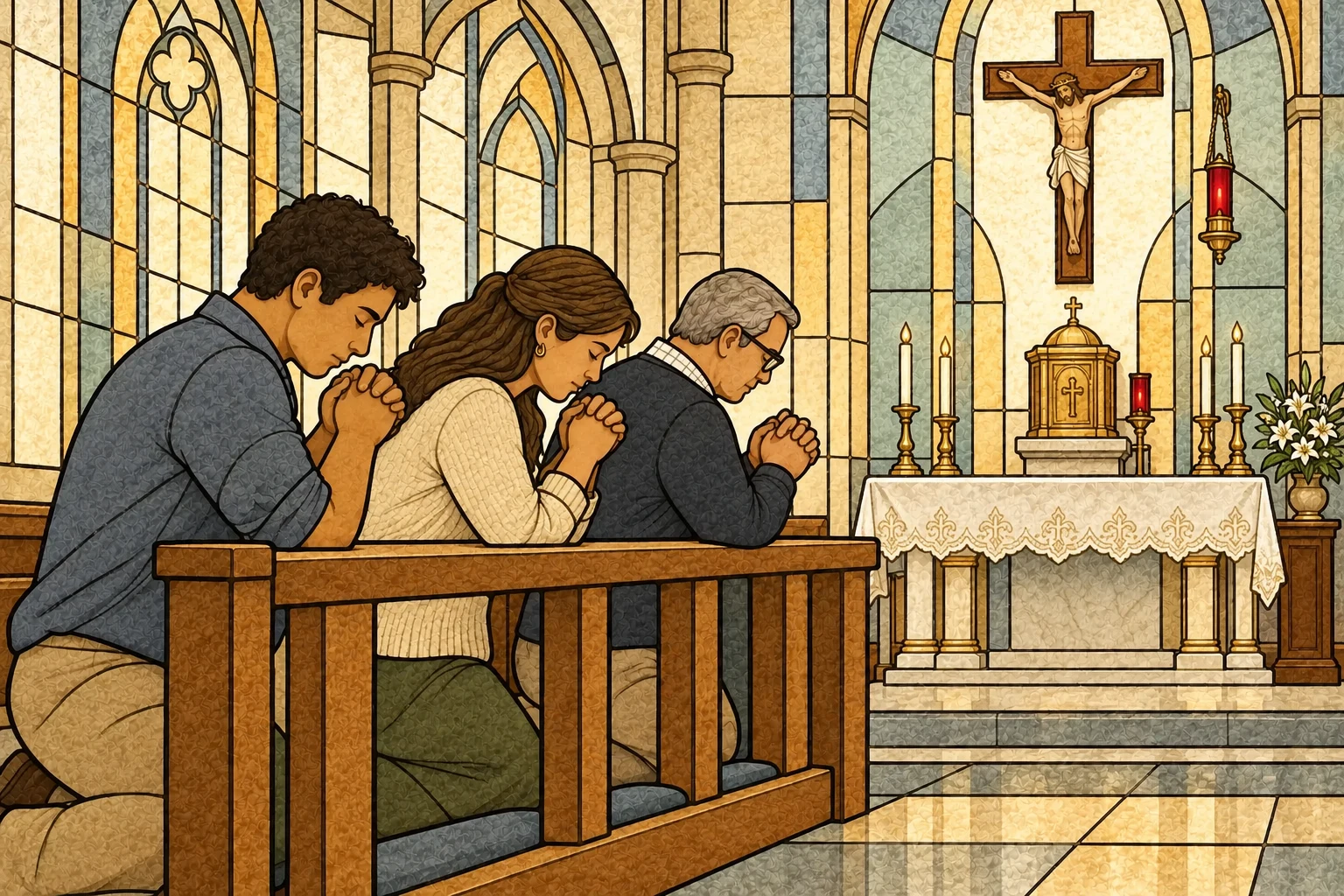 Three parishioners kneel together in a chapel to pray for others' needs.