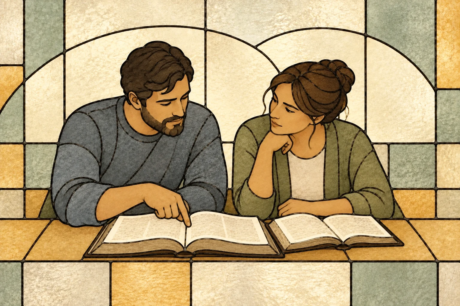 Two adults connect insights while studying Scripture and a reference book.