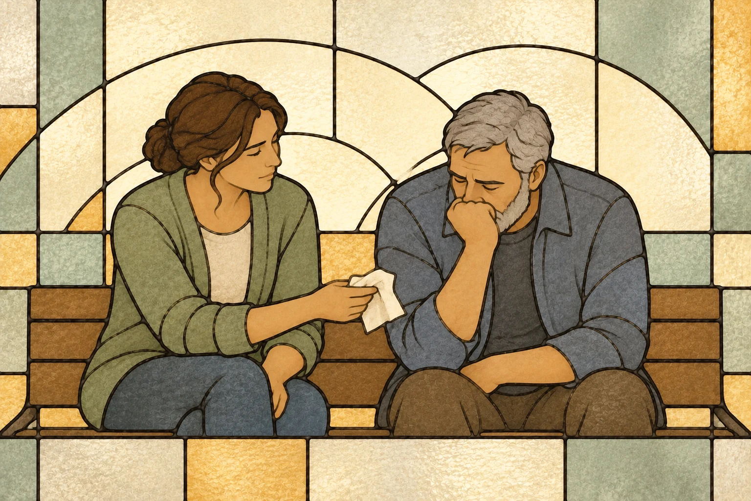 A woman quietly accompanies an older man in grief.