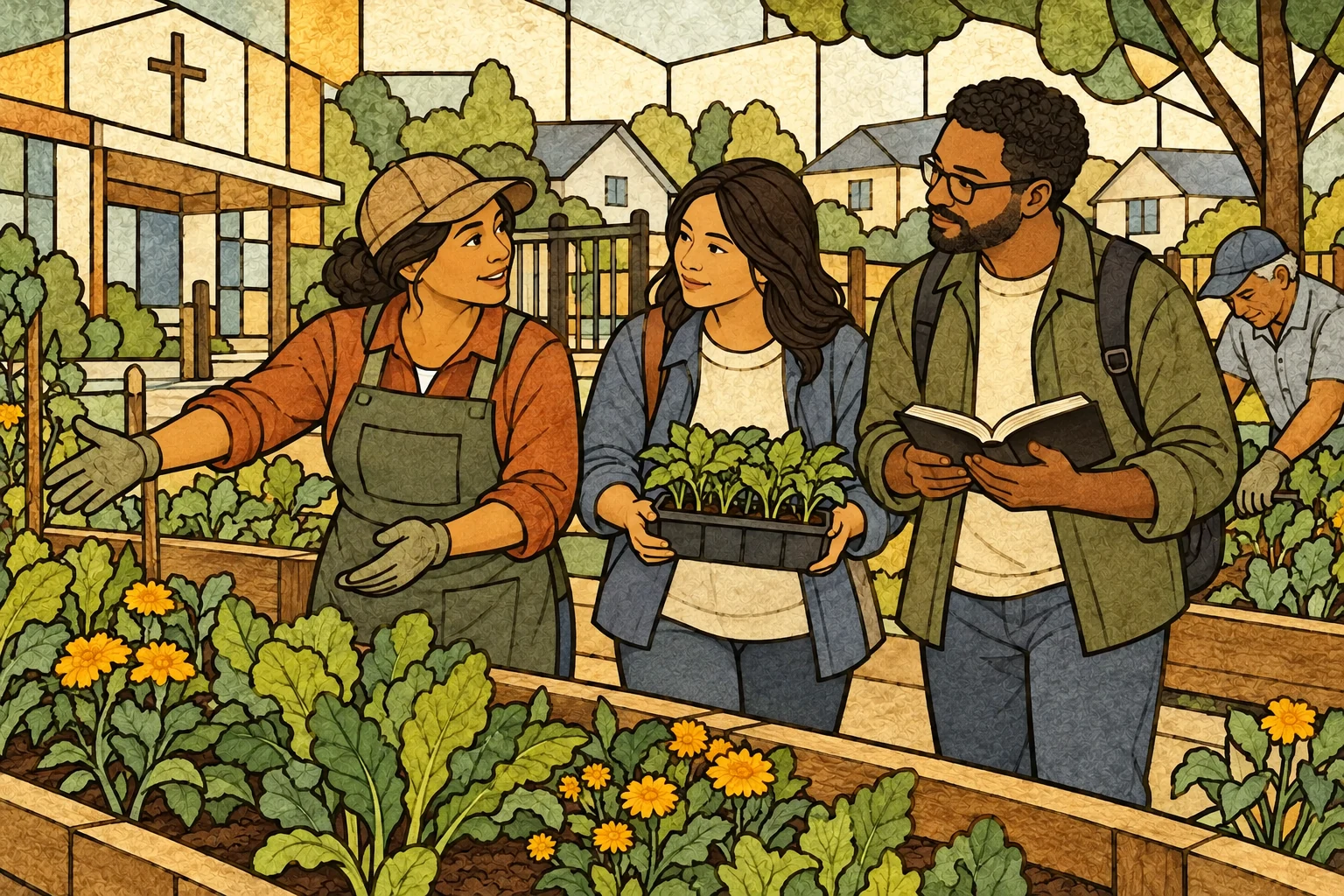 Church outreach partners share faith and serve together in a neighborhood community garden.