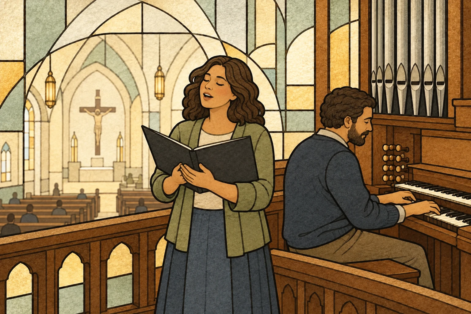 A vocalist sings beside a pipe organist in a traditional Catholic church choir loft.