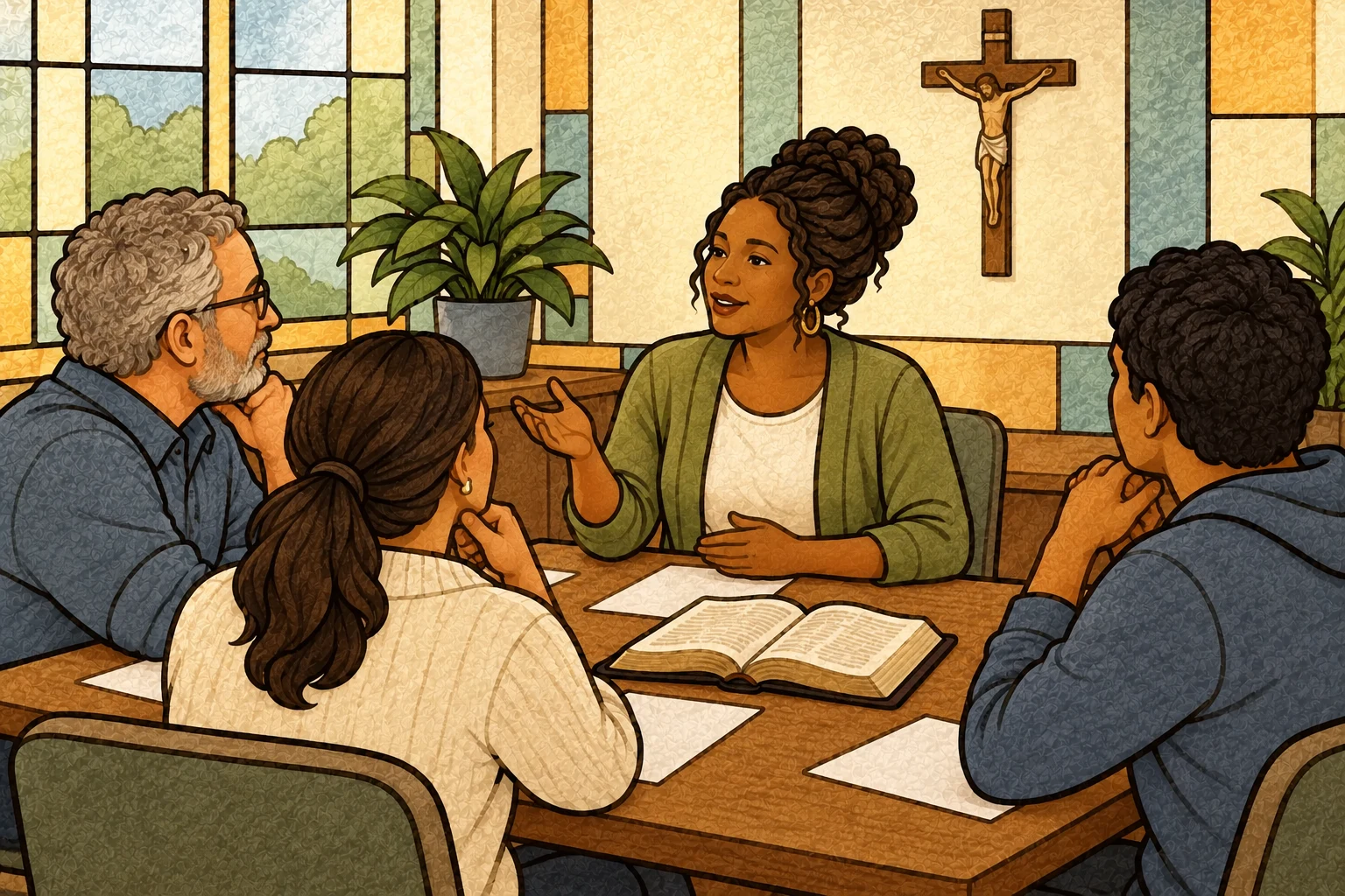 A woman raises a concern with fellow parishioners around a table in a Catholic parish meeting room.