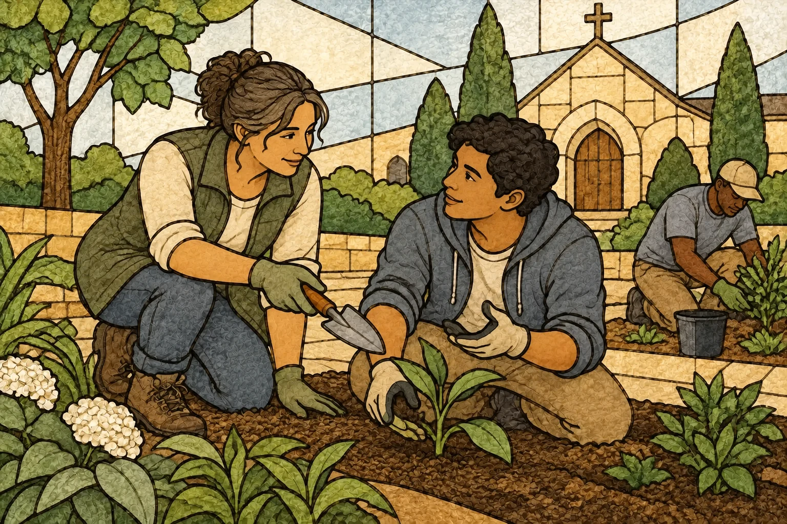 A parish leader works beside a younger volunteer and supports their contribution to a garden project.