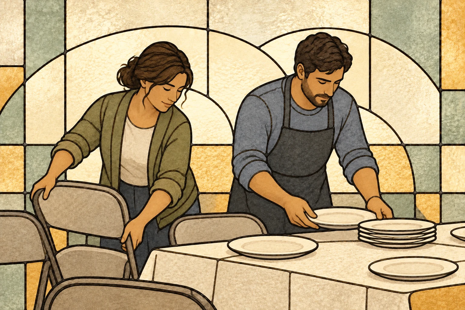 Volunteers arrange chairs and plates to prepare a community meal.