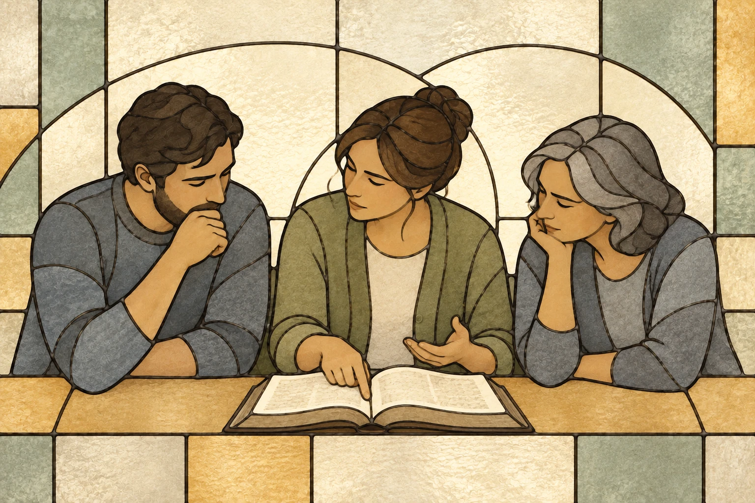 A person helps two others understand a passage around a shared table.