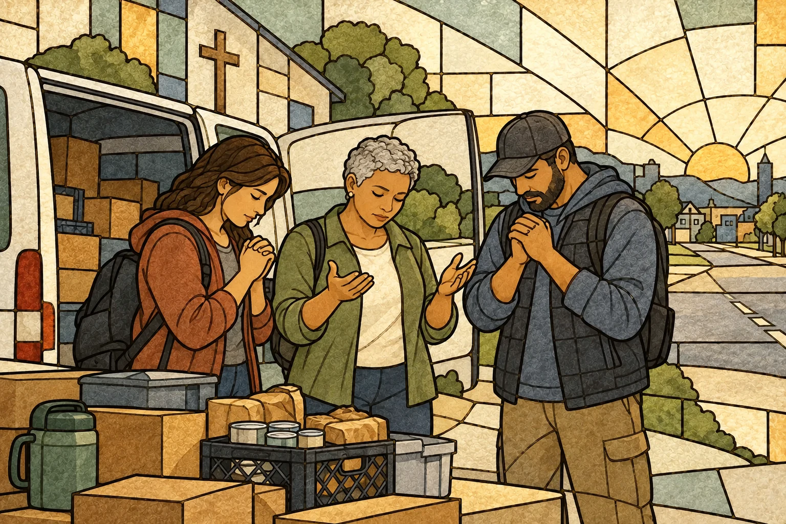 An outreach team prays beside its van before beginning a difficult work of service.