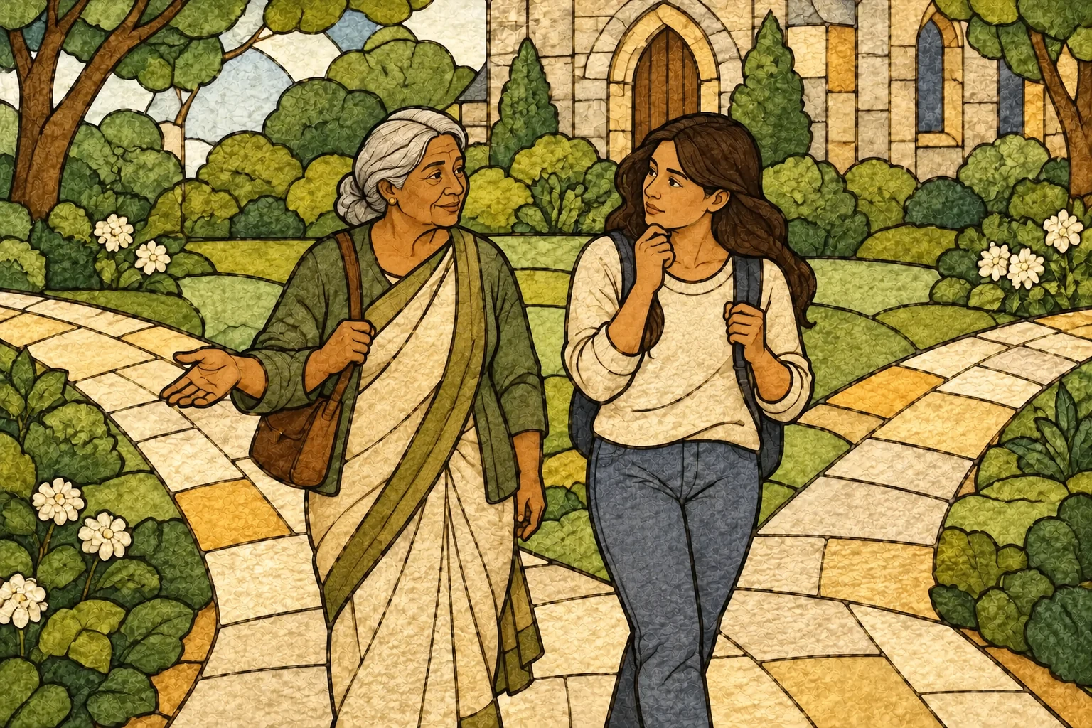 An older woman offers thoughtful counsel while walking with a younger adult along a garden path.